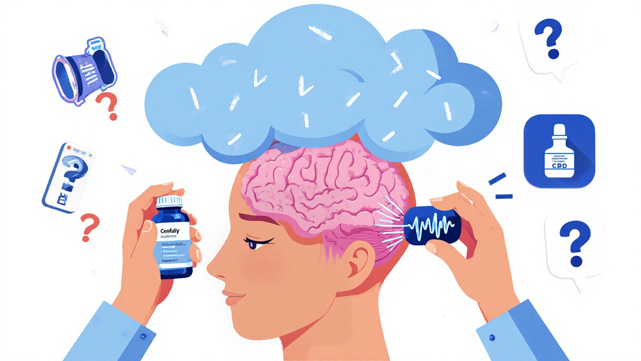 Brain under migraine storm calmed by magnesium, Cefaly device, and ice pack, with unproven remedies fading away.