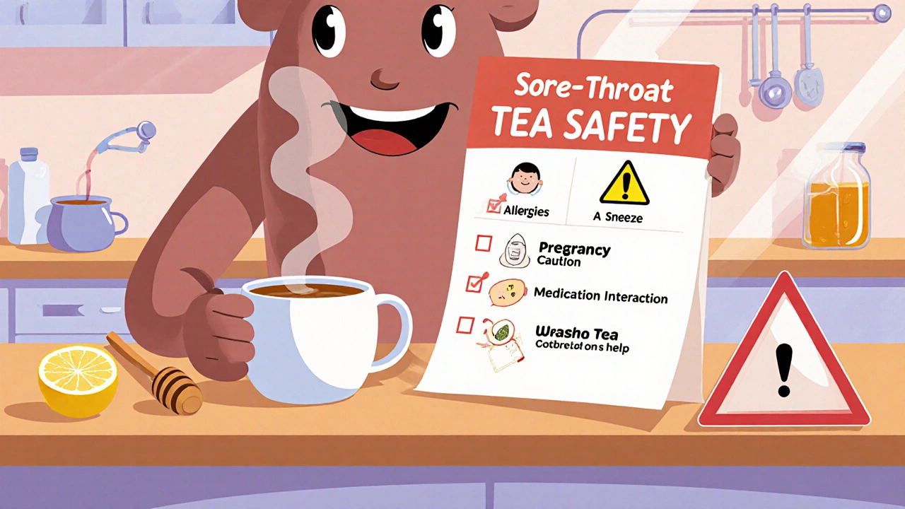 Cartoon character reviewing a sore‑throat tea safety checklist with warning icons.