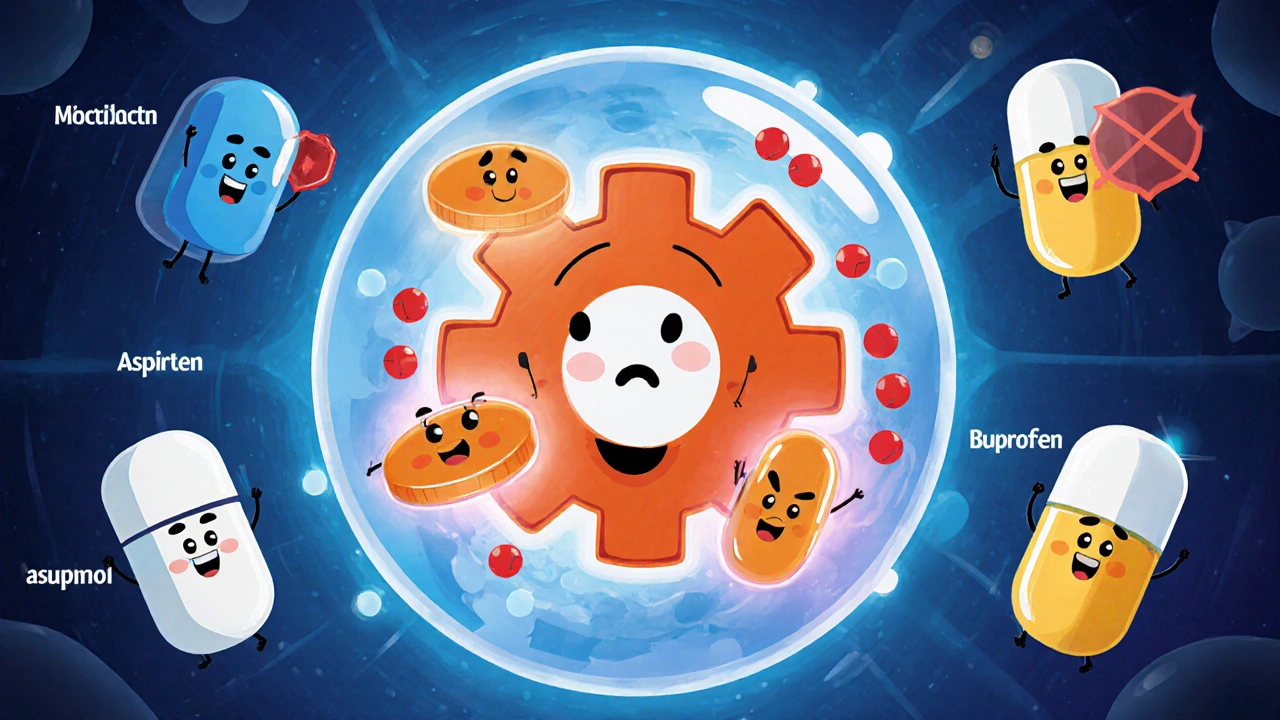 Cartoon ibuprofen blocks COX enzyme, stopping prostaglandin particles, with other drug characters nearby.