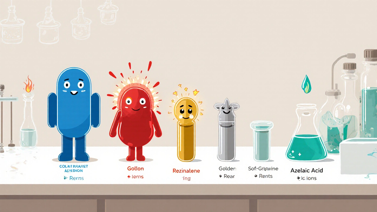 Cartoon lab scene with characters personifying six retinoid alternatives showing potency and irritation levels.