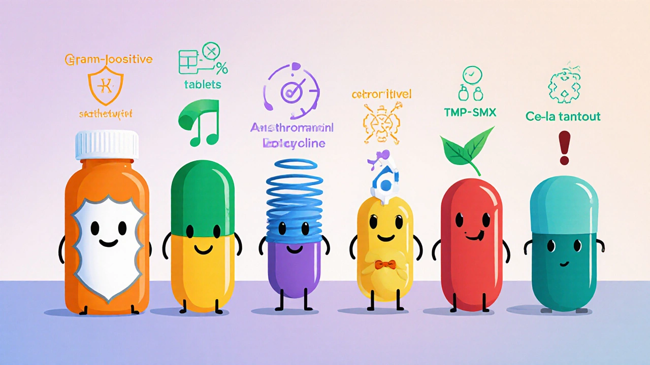 Cartoon lineup of seven antibiotic bottles personified with icons representing their properties.