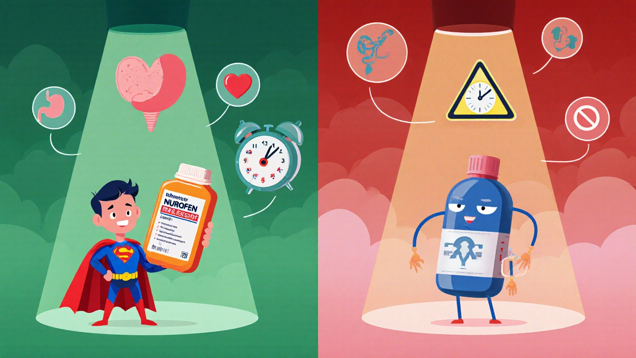 Cartoon scene showing Nurofen, Paracetamol, Aleve characters and safety icons guiding a medication decision.