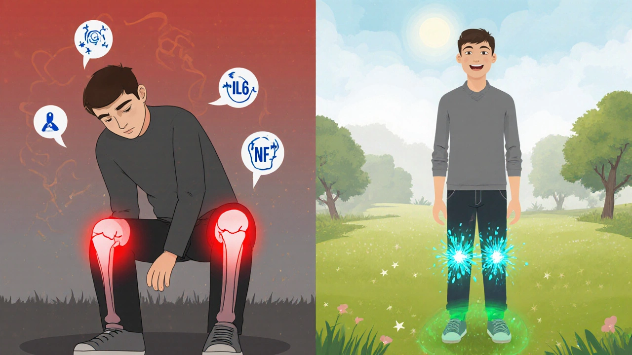 Cartoon showing a man with joint pain transforming into a healthy, energetic version after treatment.