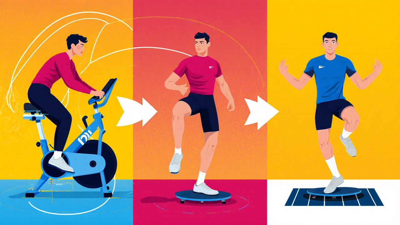 Collage of rehab steps: cycling, balance board, hop test.