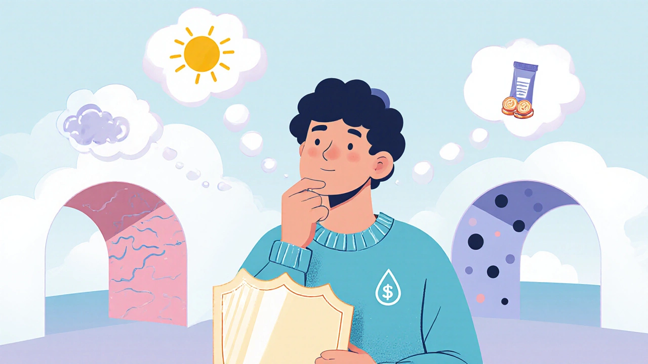 Concept art of a person choosing a retinoid, with icons for skin concerns, budget, and sunscreen protection.