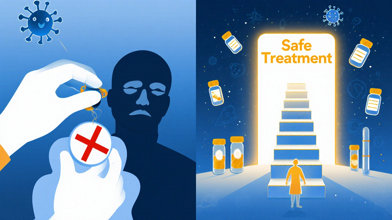 Contrasting medical paths: ineffective antibiotic vs. successful desensitization with glowing dosage ladder.
