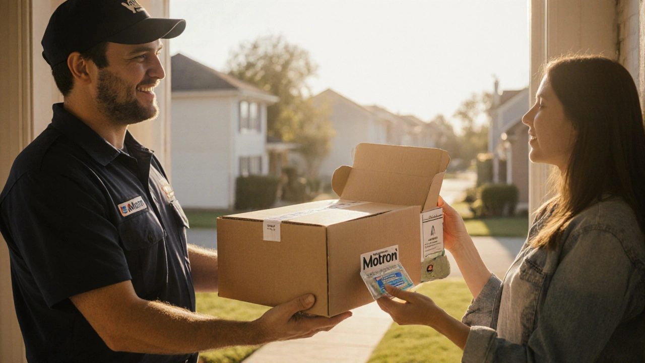 Courier delivering a sealed box of generic Motrin to a doorstep.