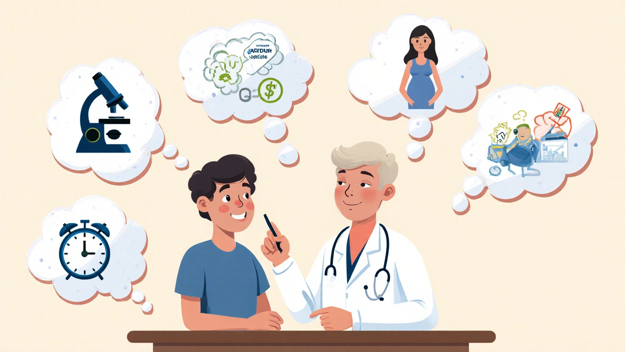 Doctor and patient with thought bubbles showing factors for selecting an antibiotic.