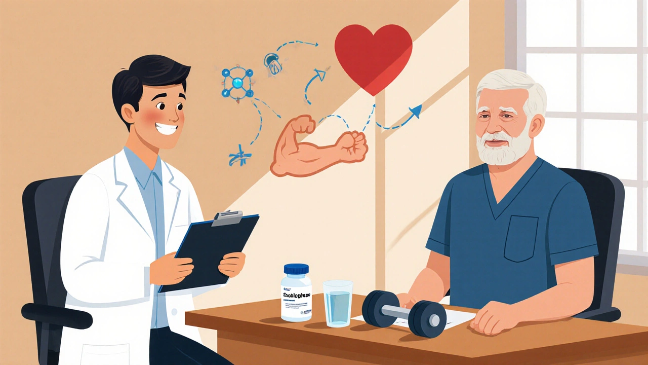 Doctor consulting a patient with enclomiphene bottle, exercise gear, and health icons in a bright room.