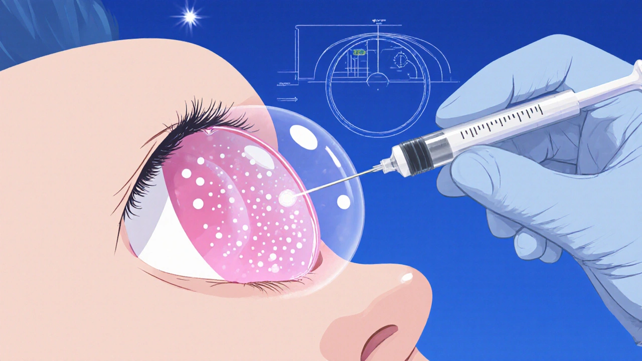 Doctor injecting pink hydrogel with microspheres into a stylized eye.