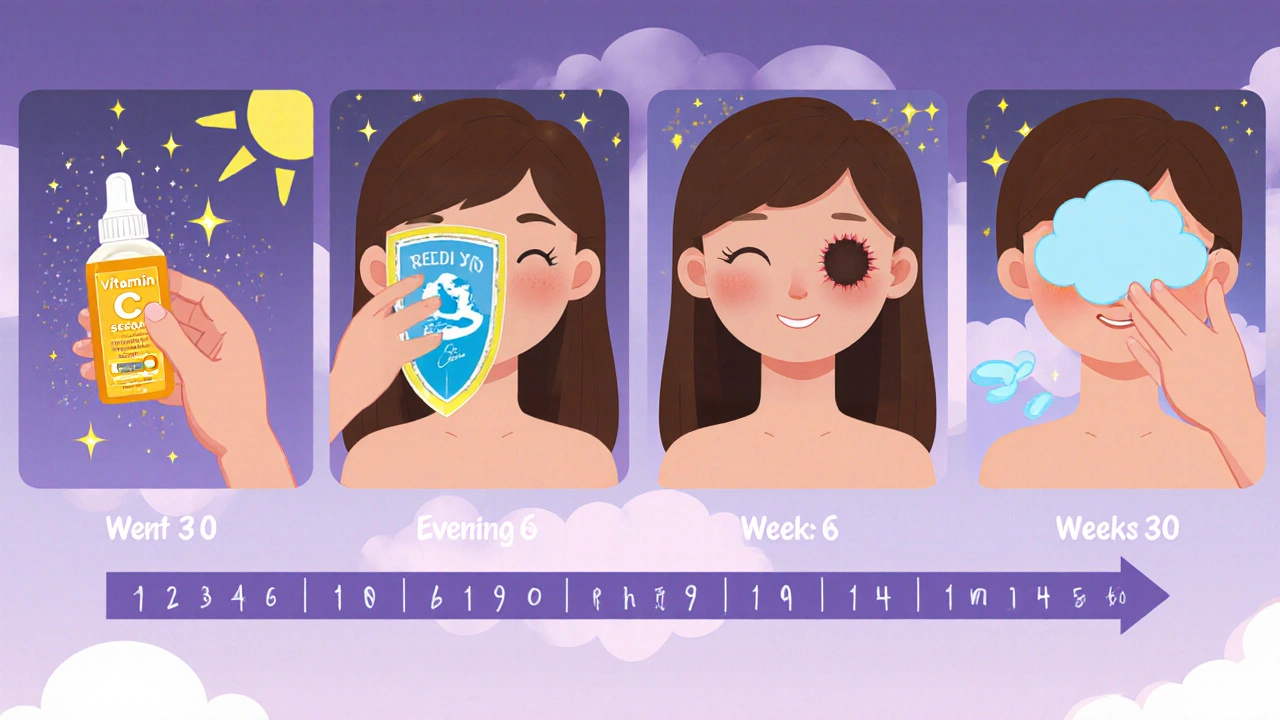 Eight‑week routine storyboard of a person applying brightening products and sunscreen.