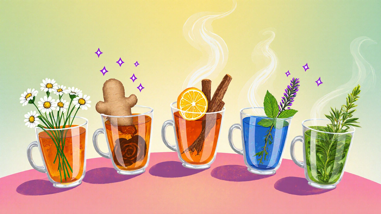 Five cartoon tea cups each showing chamomile, ginger, licorice root, peppermint, and thyme.