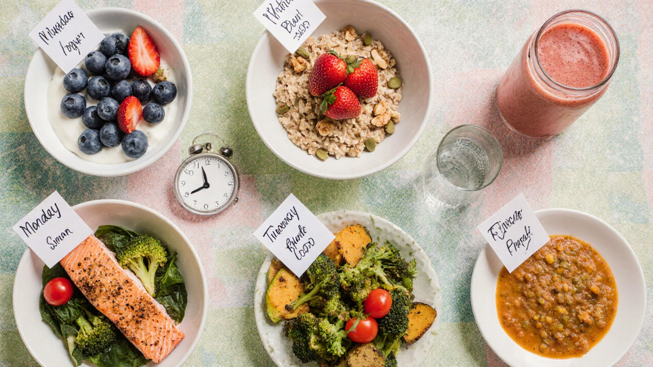 Flat‑lay of a weekly meal plan featuring yogurt, salmon, smoothies, and turmeric sweet potatoes.