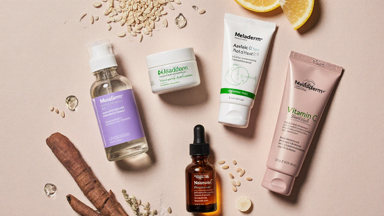 Flat lay of five brightening products with ingredient accents.