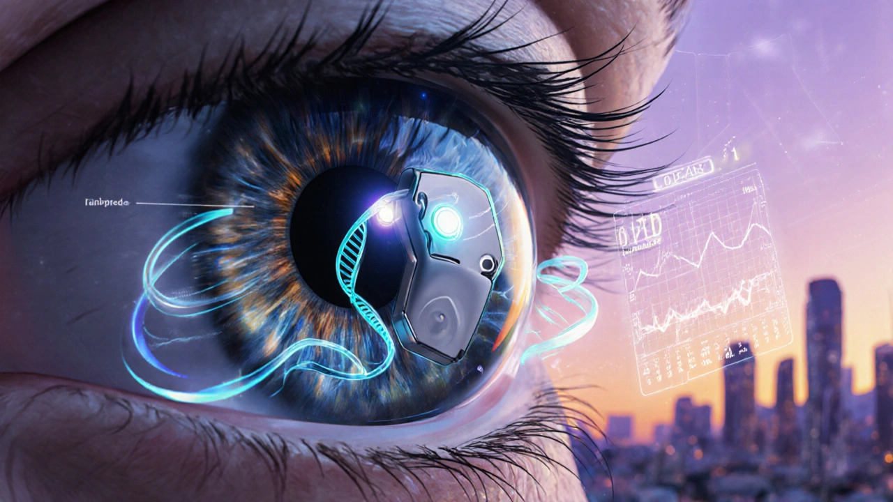 Futuristic smart eye implant with micro‑electronics and DNA helix glowing.