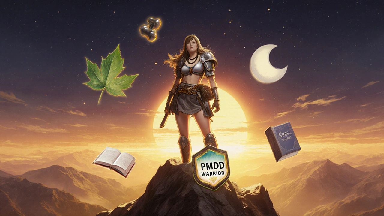 Heroic woman on a sunrise peak, surrounded by icons of exercise, nutrition, sleep, and therapy.
