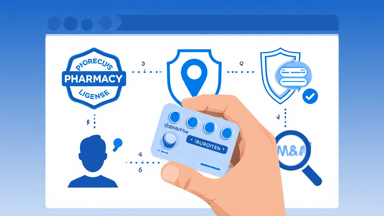 Illustrated checklist with ibuprofen pack and verification icons.