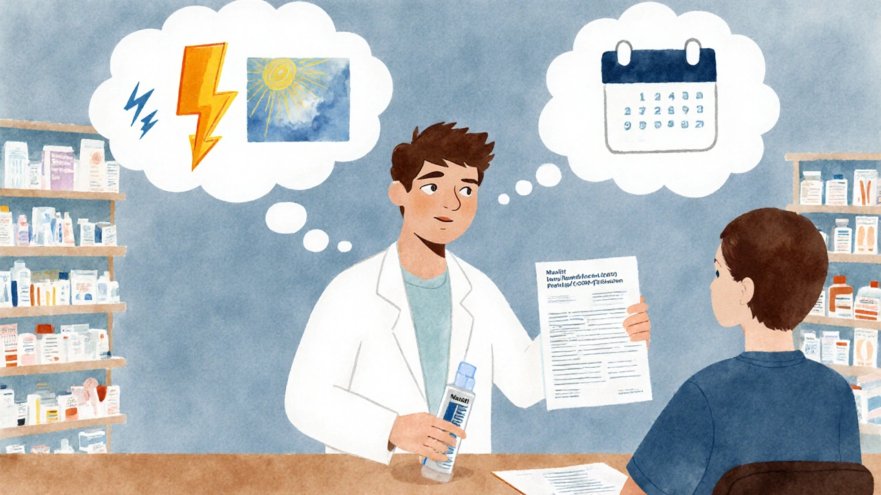 Individual at pharmacy choosing between Maxalt spray and preventive injection.