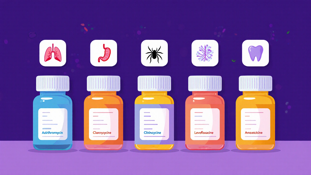 Lineup of antibiotic bottles with icons for their primary uses, illustrated cartoonishly.