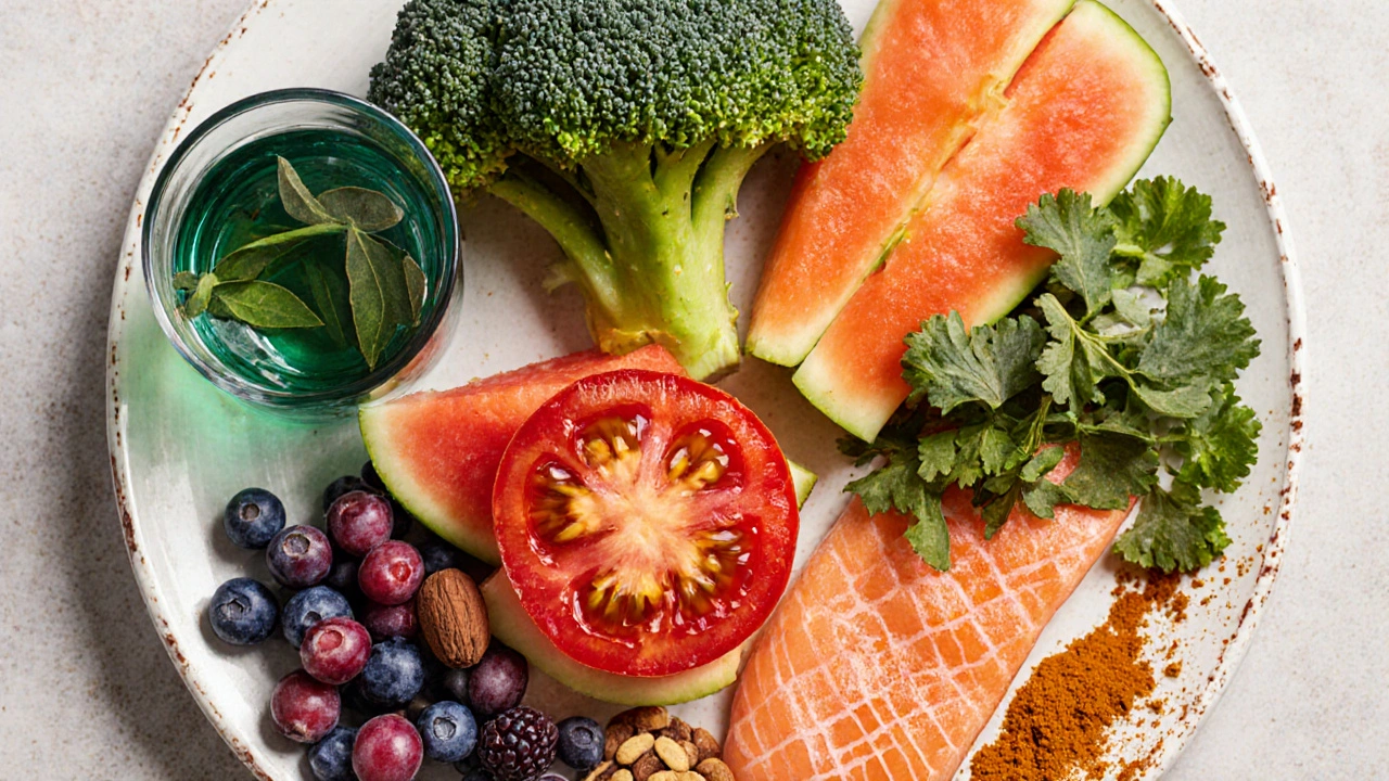Macro view of tomato, watermelon, broccoli, salmon, pumpkin seeds, berries, nuts, and turmeric on a platter.
