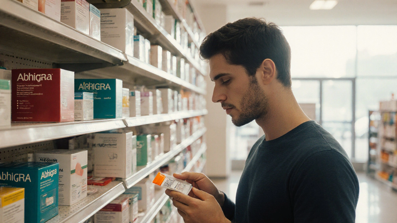 Man in pharmacy aisle examining different colored ED medication packs.