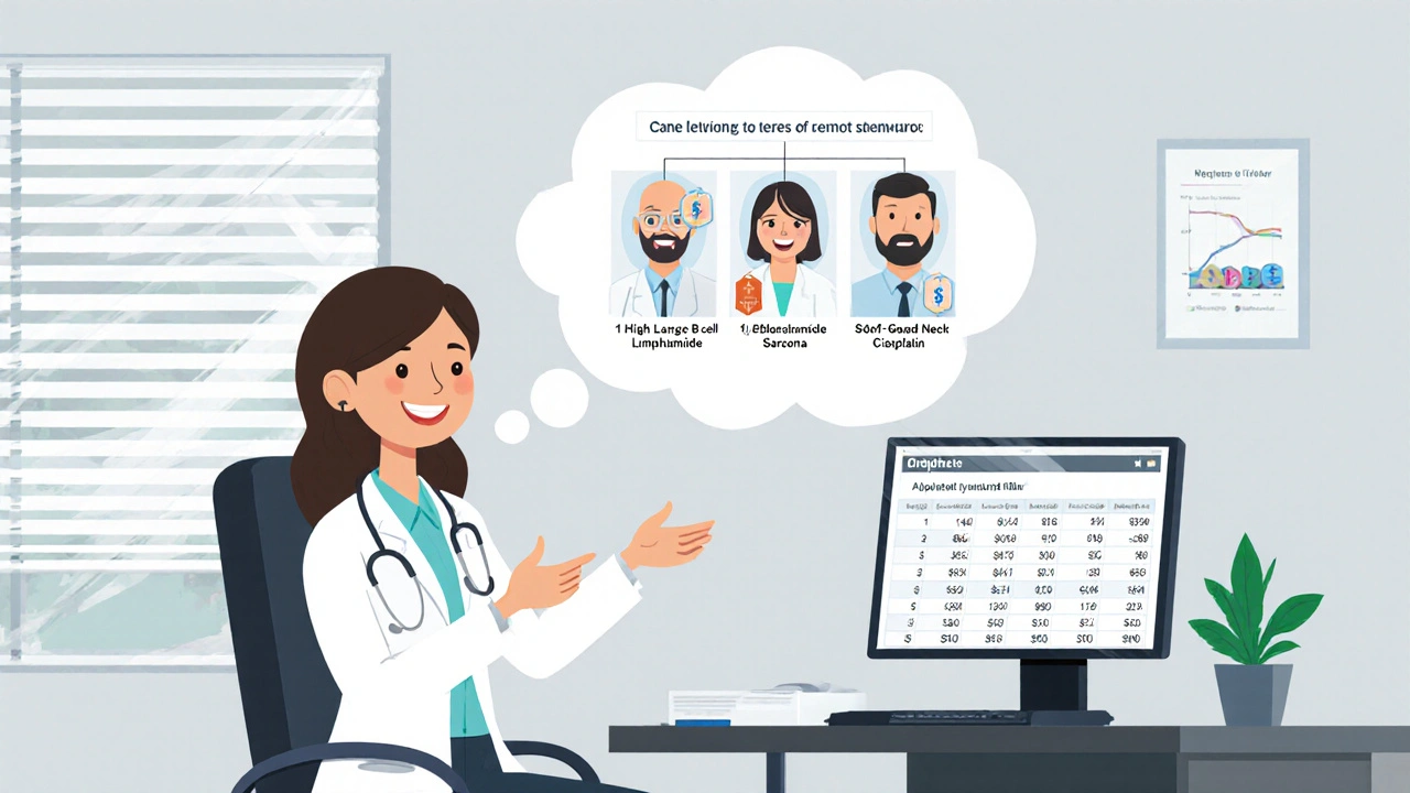 Oncologist discussing treatment options with patient, thought bubbles show drug choices.