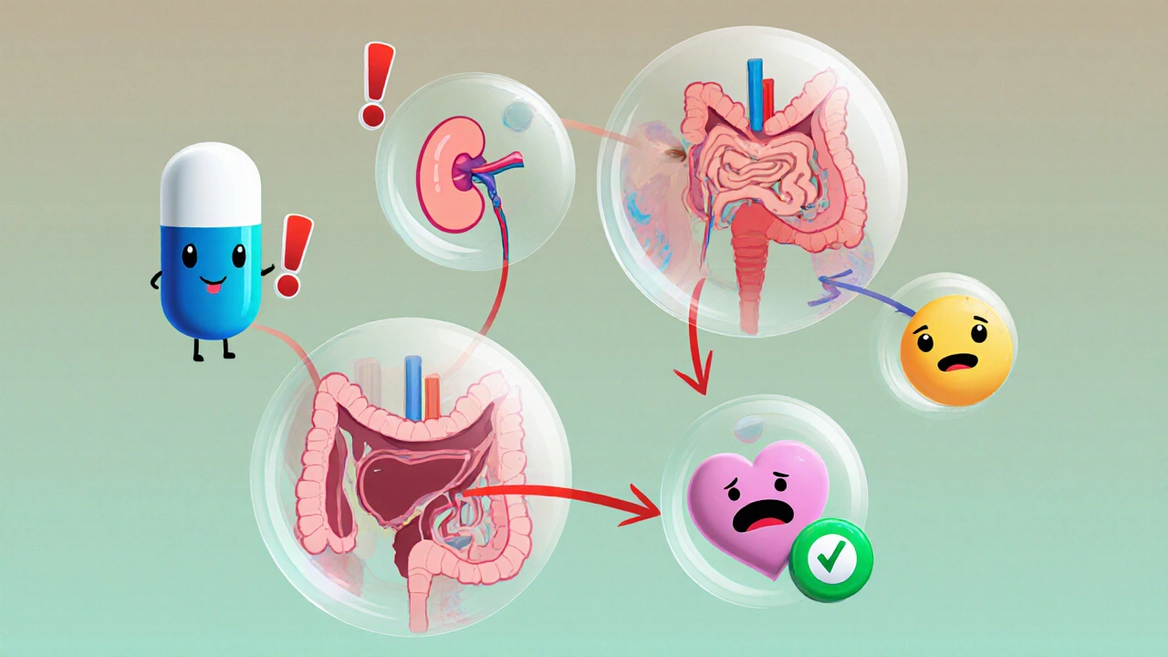 Organ icons with cartoon drug figures showing varying toxicity levels.