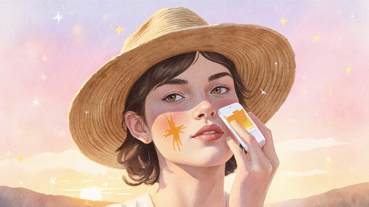 Person with even skin applying sunscreen under sunrise.