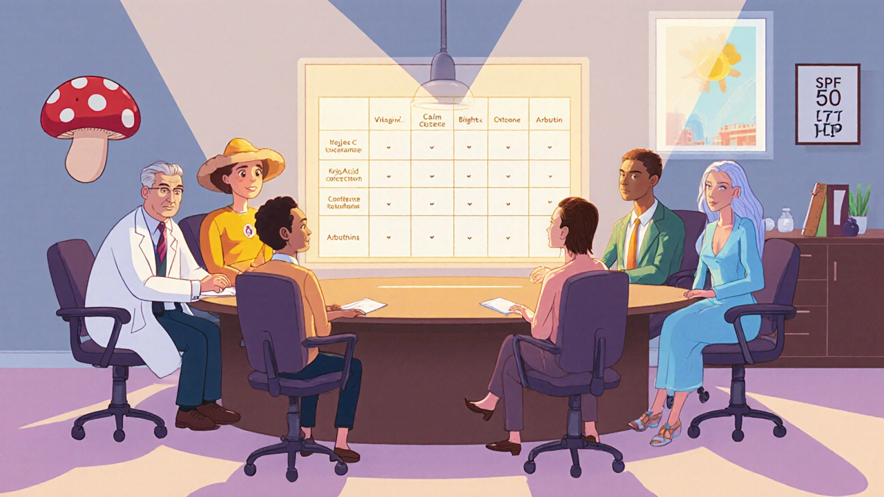 Personified skin lightening agents at a table comparing their properties.