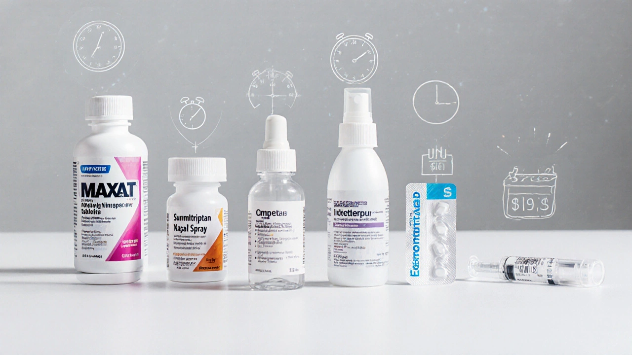 Row of migraine meds: Maxalt, Sumatriptan, Zolmitriptan spray, ibuprofen, Erenumab syringe.