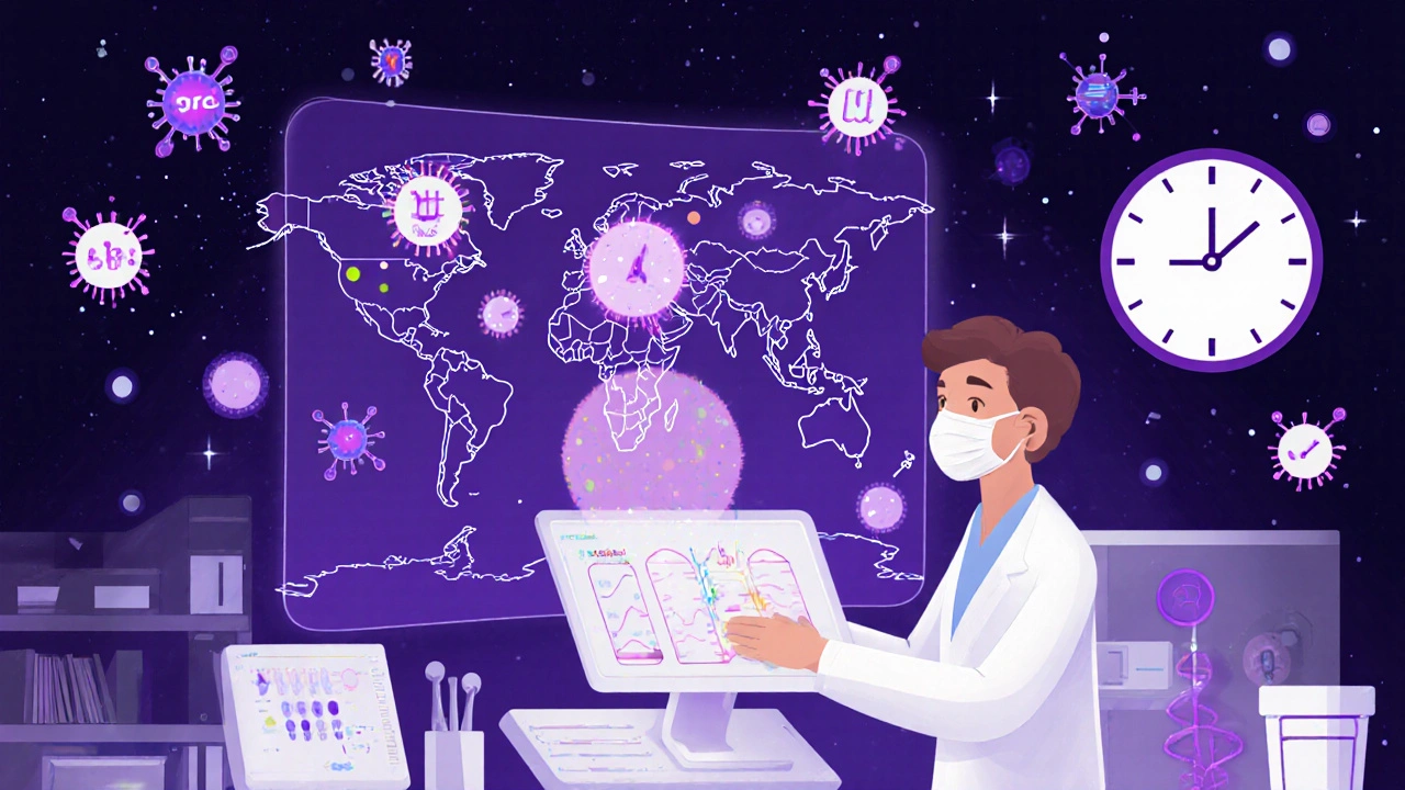 Scientist viewing holographic immune response as drug molecules calm allergic cells in futuristic lab.