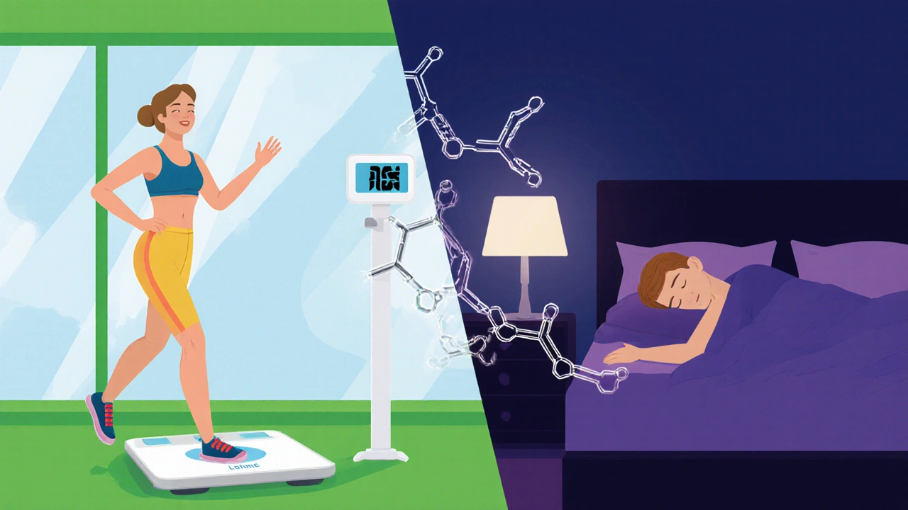 Split illustration shows stable weight during exercise and nighttime sedation with a medication motif.