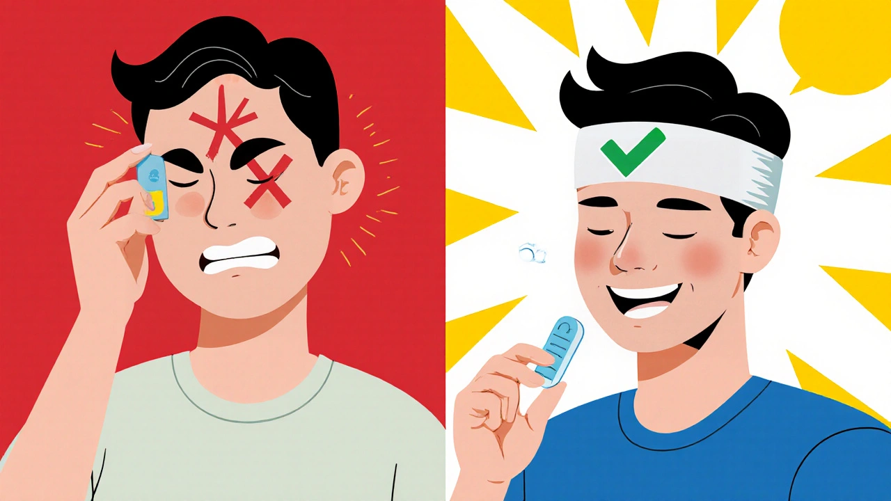 Split image: left side with sumatriptan crossed out, right side with alternative treatments and sunburst, showing safer migraine relief.