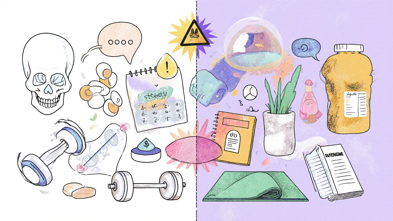 Split toolkit: opioid pills with warnings vs. non-opioid alternatives like yoga mats, patches, and new medication.