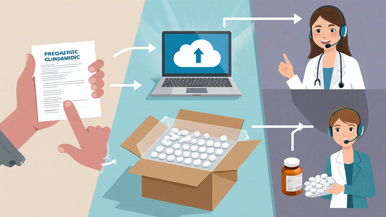 Step‑by‑step illustration of prescription, upload, pharmacist approval, delivery, and tablet inspection.