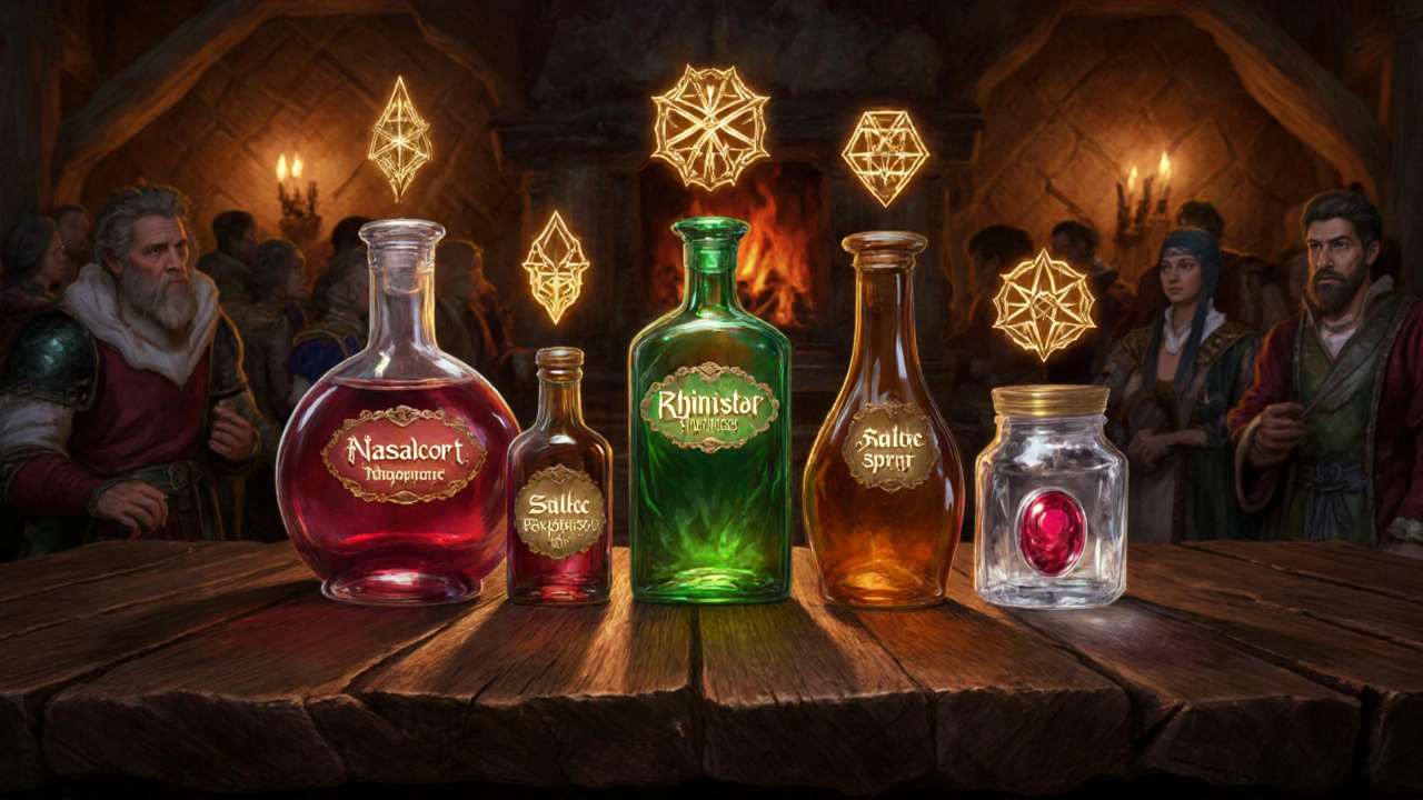 Tavern table displaying bottles for Flonase alternatives with floating stats.