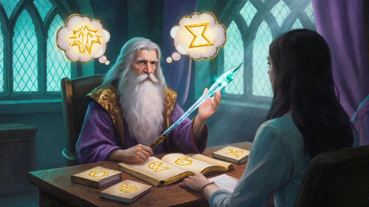 Therapist and client in a magical study, thoughts turning into golden symbols.