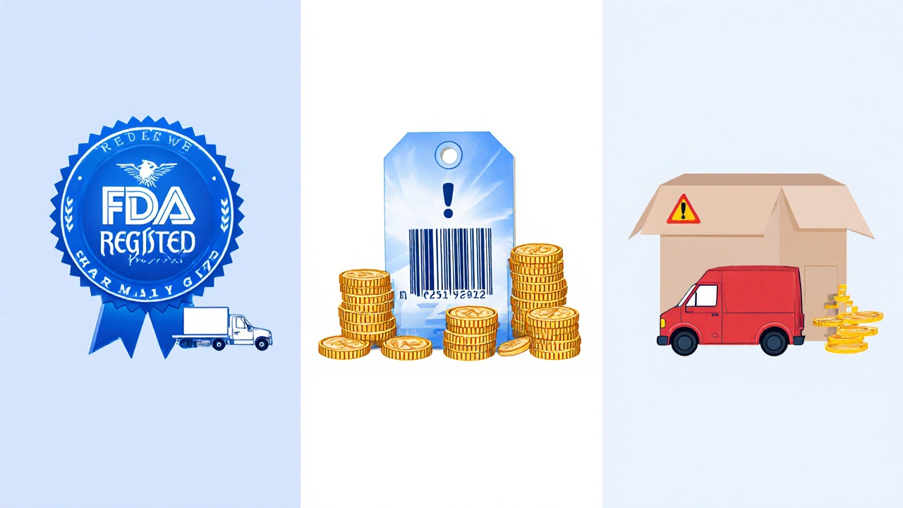 Three illustrated panels showing FDA badge, price coins, and delivery icons for three pharmacies.