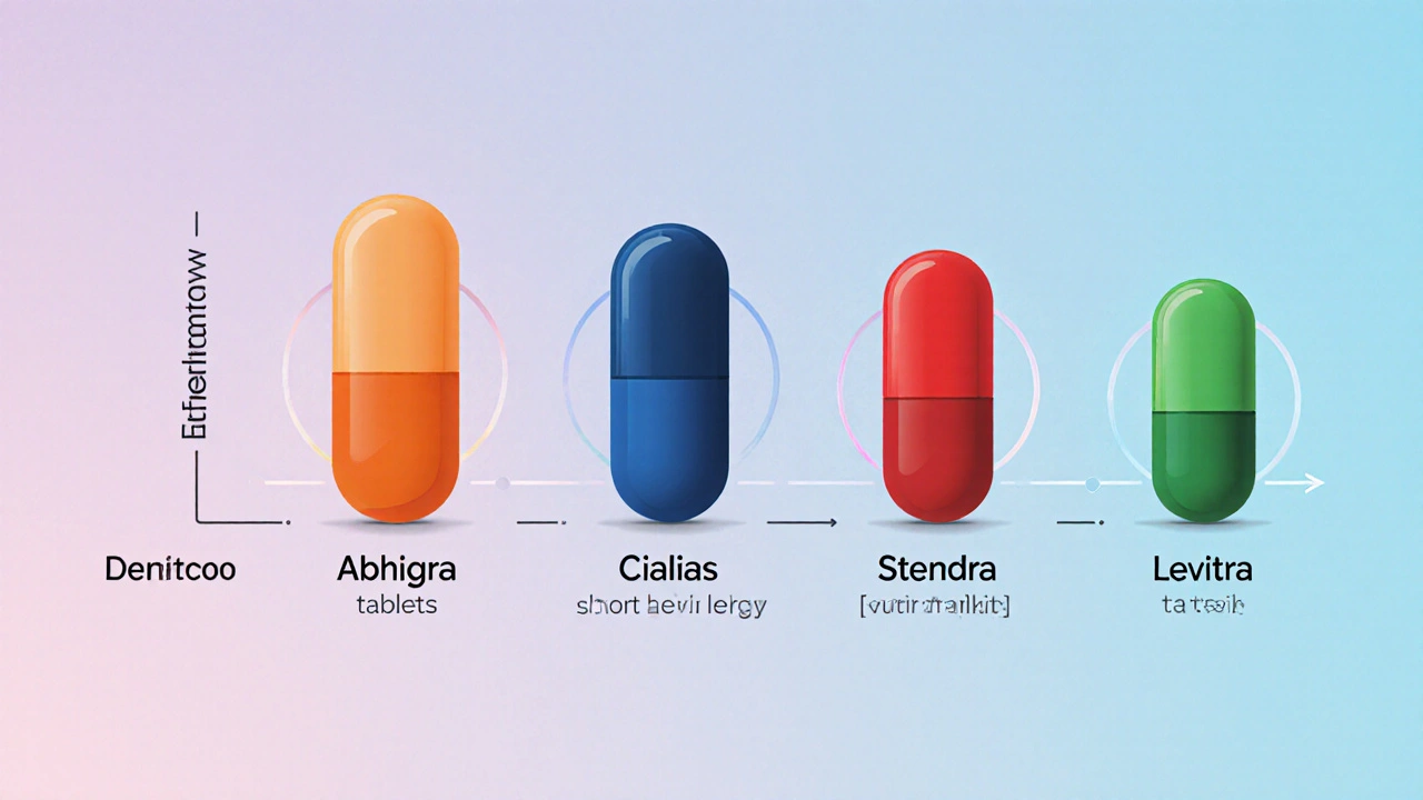 Timeline of pill icons showing different onset speeds and durations.