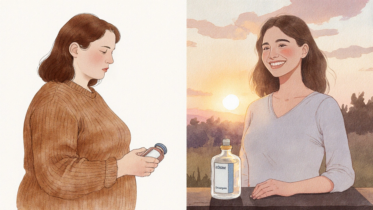 Watercolor scene of a woman before and after switching to Loxitane, showing weight stability and optimism.