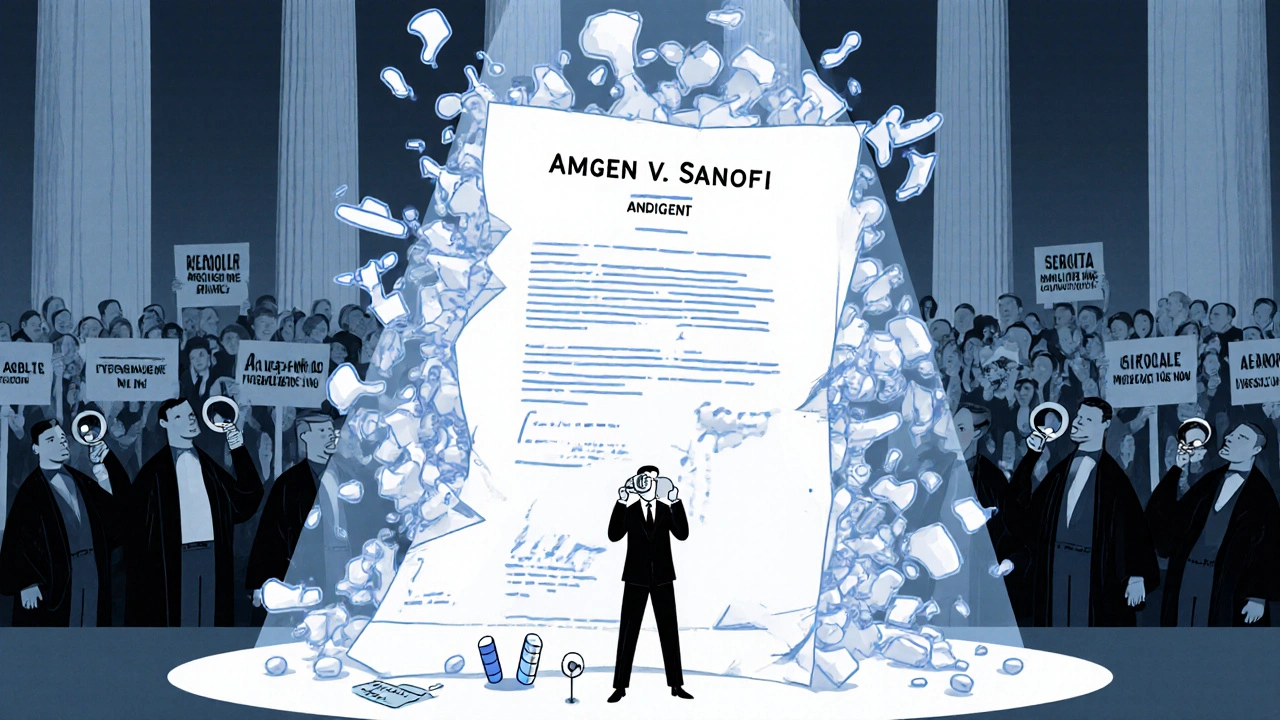 A collapsing patent document overwhelmed by antibody shapes, with a generic drug logo standing strong under a spotlight.