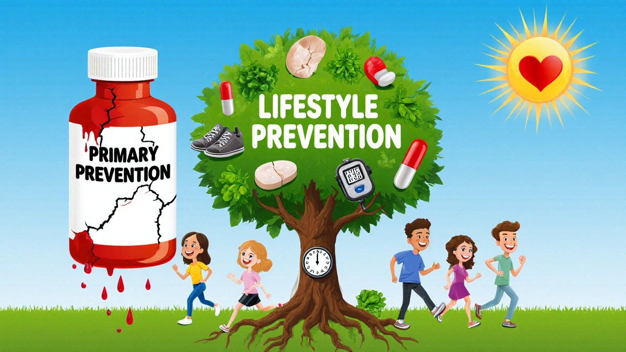 A crumbling aspirin bottle leaking blood, replaced by a thriving tree of healthy habits for heart prevention.