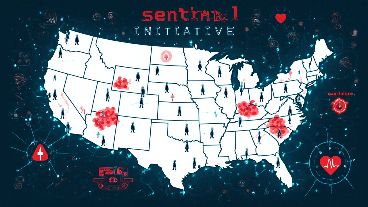 A digital network connecting U.S. patients to an FDA hub, with data streams highlighting adverse event patterns from generic drugs.