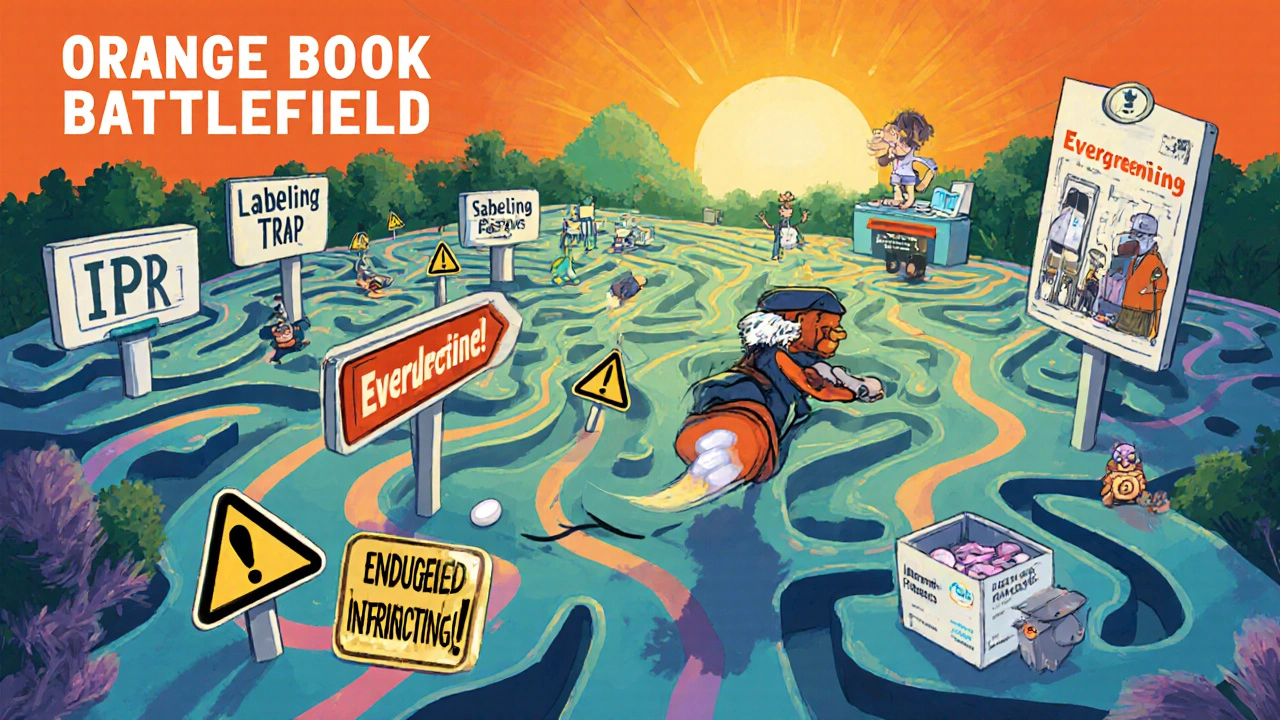 A labyrinth map called &#039;Orange Book Battlefield&#039; with a courier avoiding patent traps, leading to a sunrise exit.