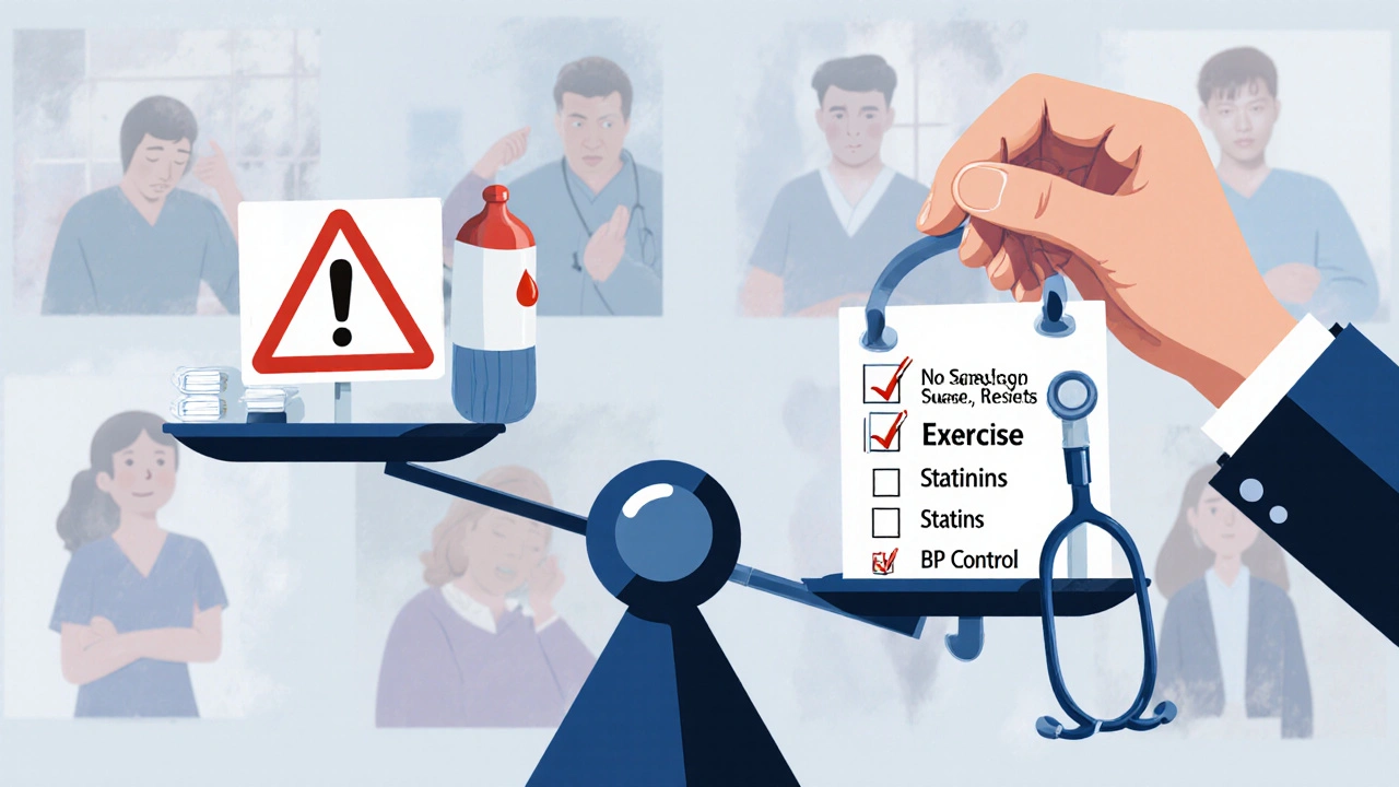 A medical scale tipping toward lifestyle factors like statins and exercise, away from aspirin and bleeding risks.