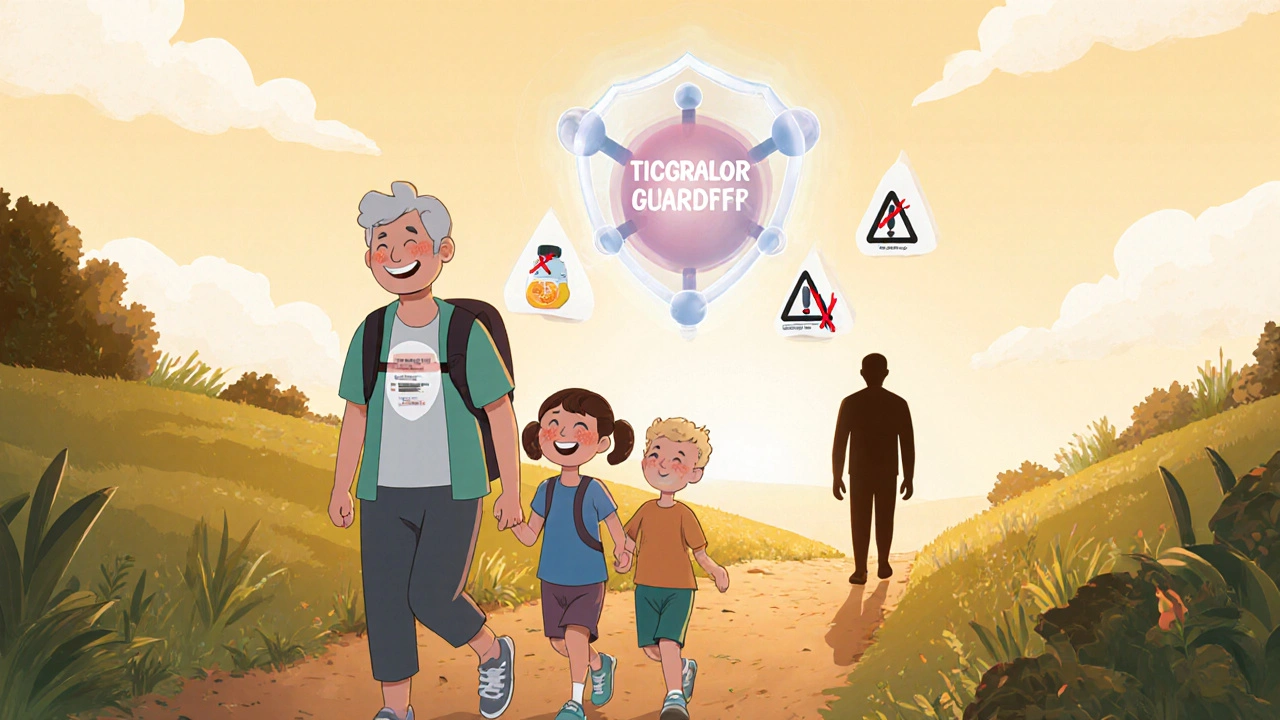 A patient hiking happily with a protective ticagrelor molecule above their chest.