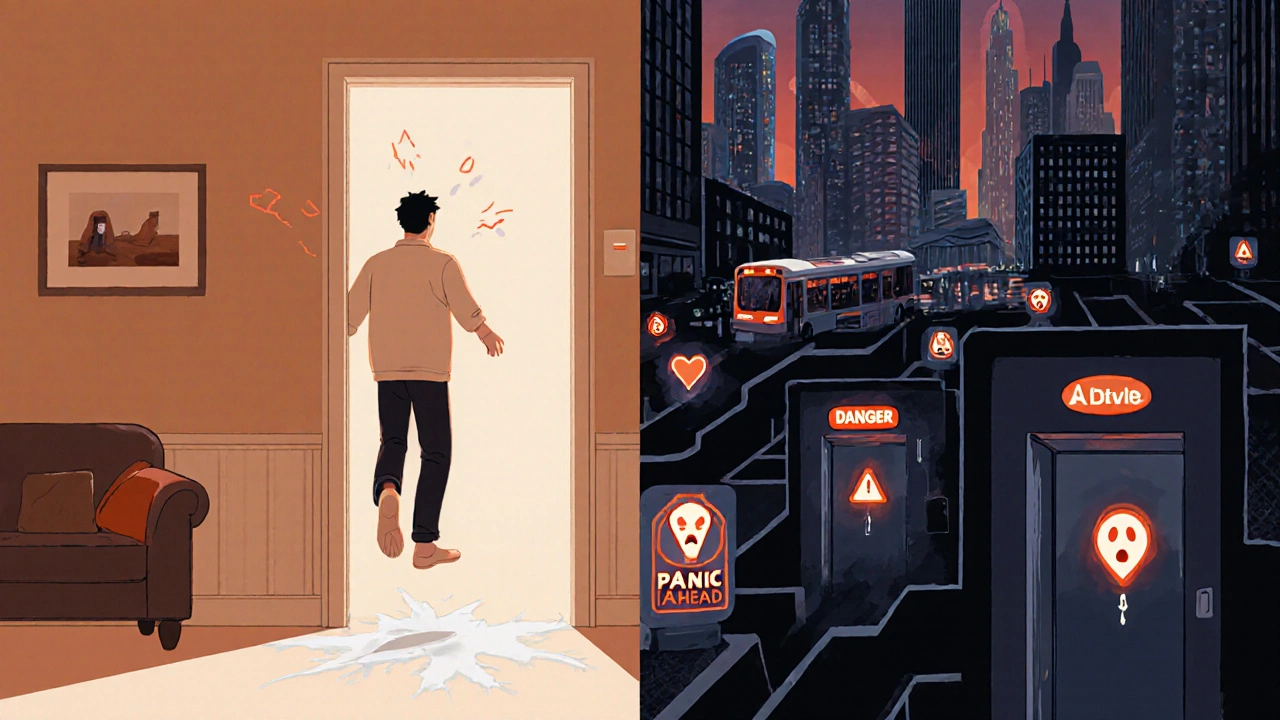 A person hesitating at their doorway, with a safe home on one side and a frightening city maze on the other.