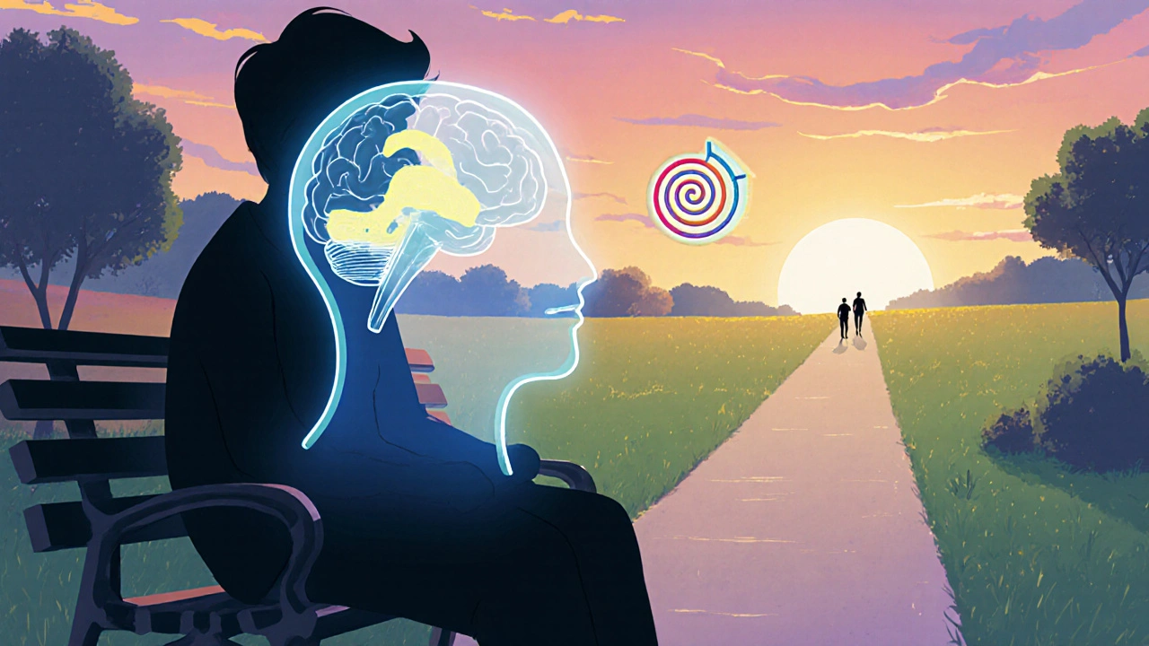 A person sitting calmly on a bench, their transparent body showing a calming brain, with a breathing spiral and path to sunlight nearby.