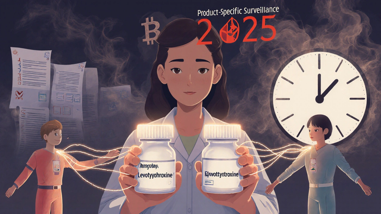 A pharmacist comparing two identical pills with glowing threads showing one has weaker delivery, while blockchain and surveillance systems emerge in the background.