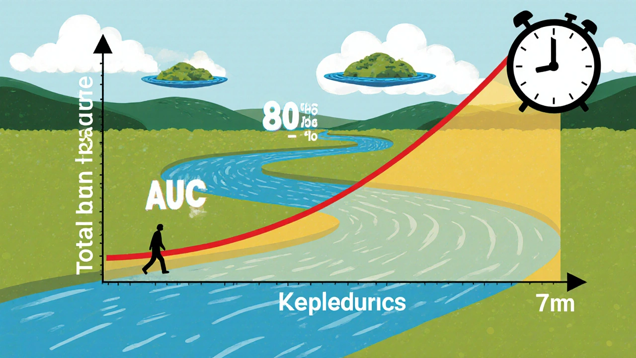 A river-like graph with golden light under the curve symbolizing total drug exposure, labeled AUC.